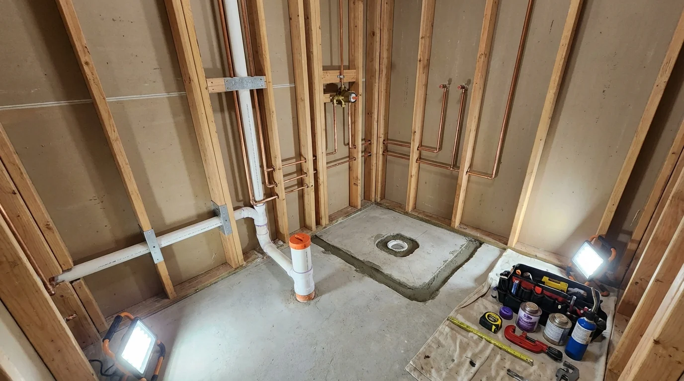 Bathroom rough-in plumbing during remodel by Johns Plumbing LLC in Bernardsville