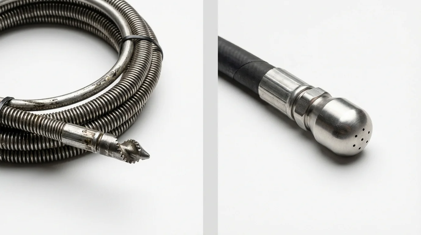 Drain snake cable and hydro jetting nozzle used for drain cleaning in Bernardsville, NJ