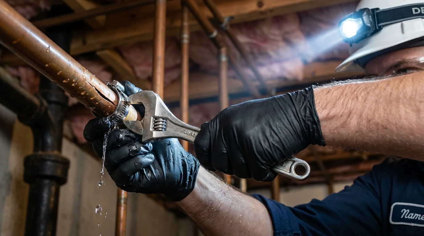Emergency pipe clamp repair being performed by a Johns Plumbing LLC plumber in Bernardsville