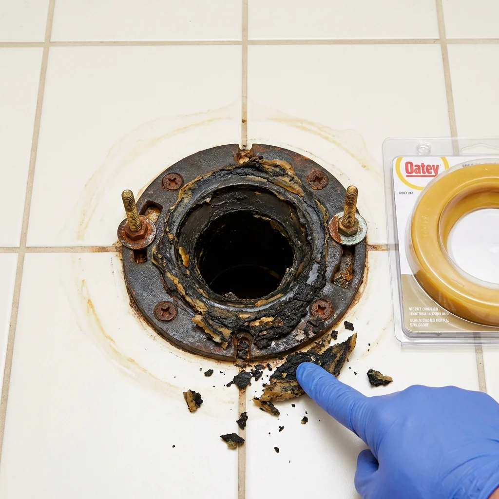 Failed wax ring showing water seepage at the base of a toilet in a Bernardsville, NJ home