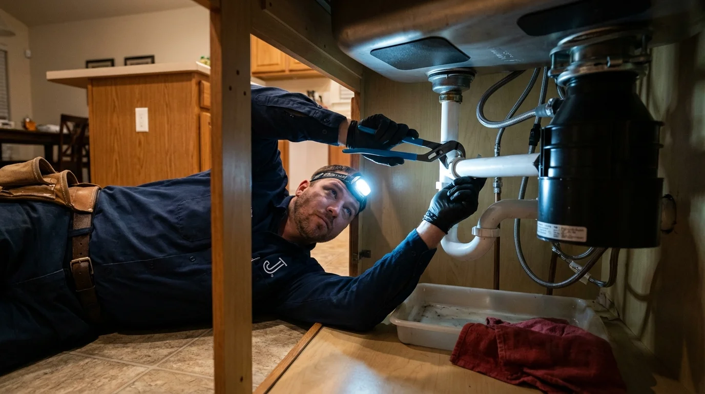 P-trap and supply line connections under a kitchen sink showing a common leak point in Bernardsville, NJ